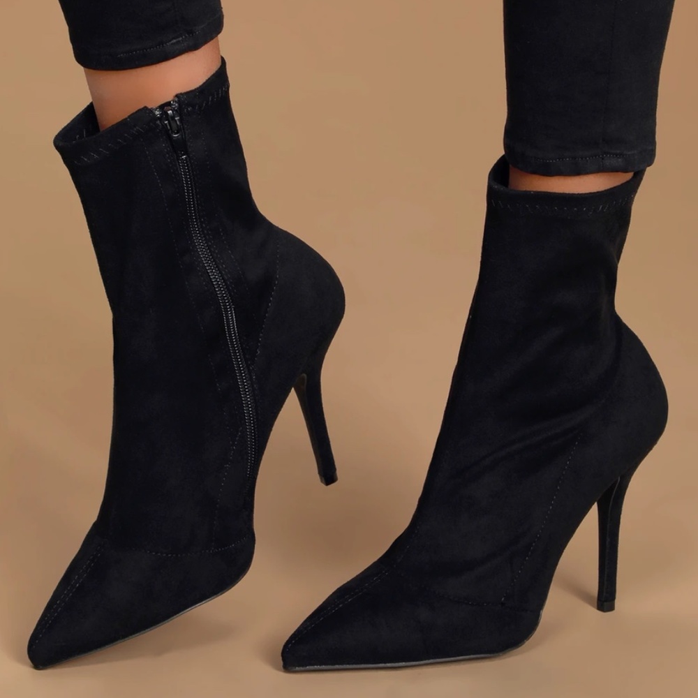 LULUS Stassy Black Suede Pointed-Toe Sock Boots